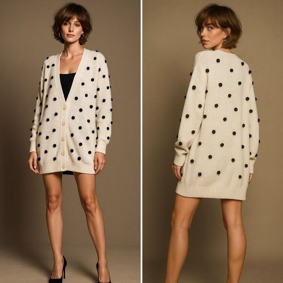 The Great The Bobble Cardigan Cream Black Pom Pom Knit Siz 1/ Small Longline - Picture 1 of 16